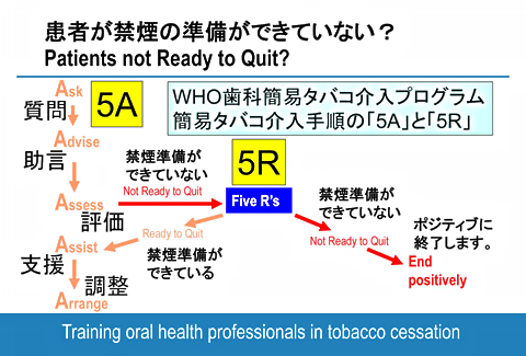 図：禁煙の準備ができていない患者への「5R」の実施を行う機会を示すWHOトレーニングのフローチャート（左側の「5A」の3番目の「評価」の後で「5R」を行う。）